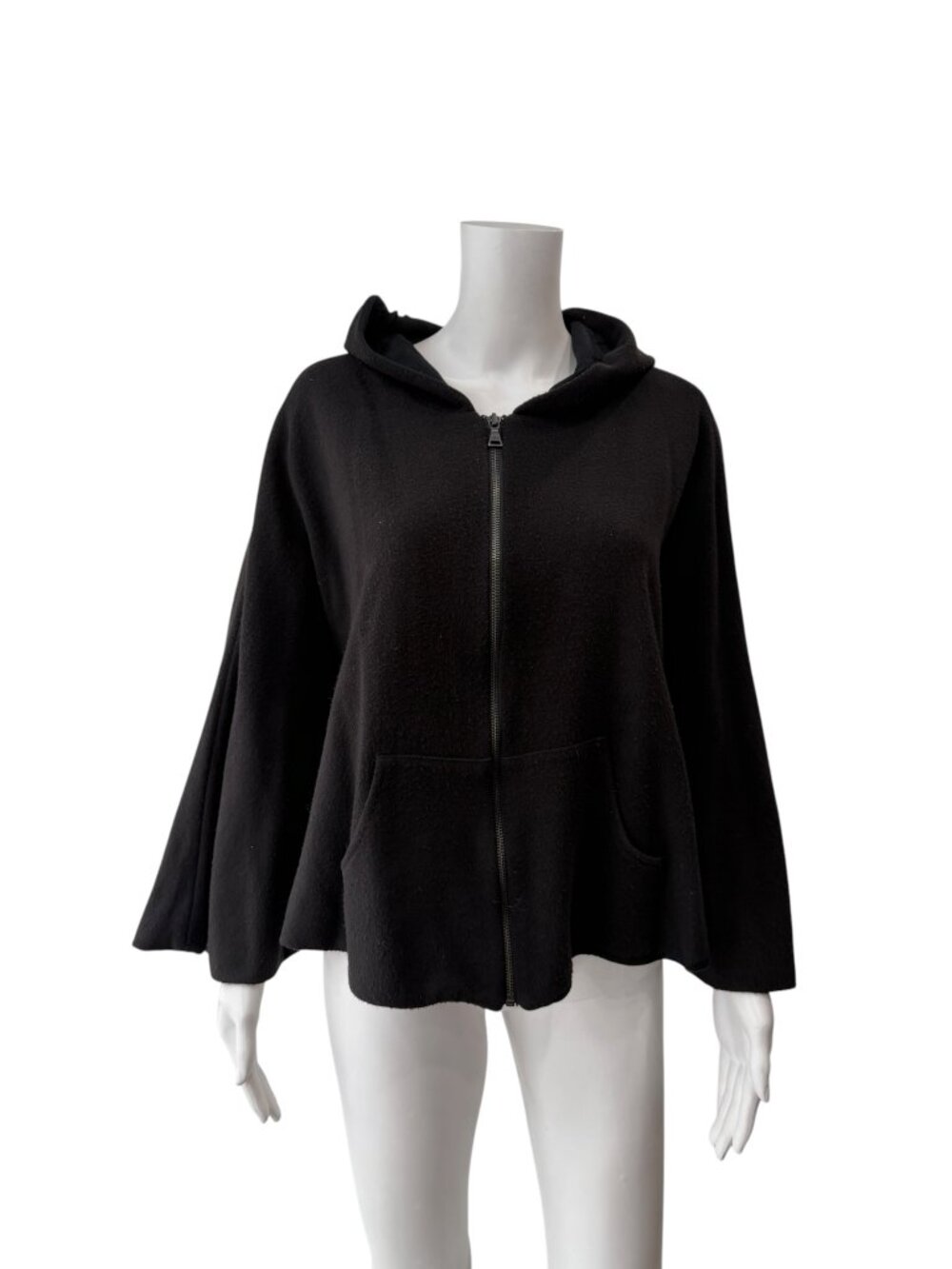 $425 alice + olivia Black Full Zip Batwing Sleeve Hooded Poncho Sweater size S/M